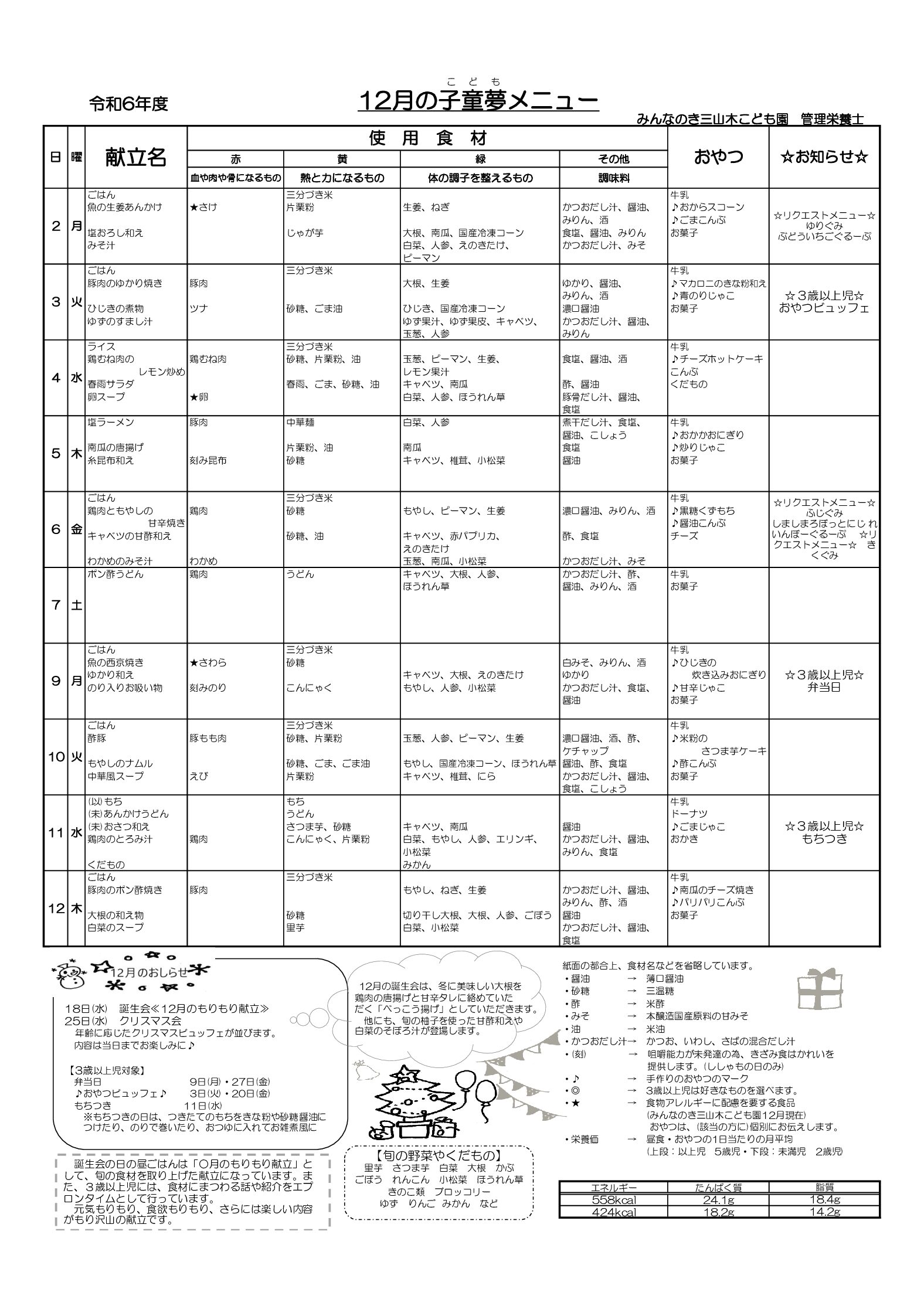 献立表　令和6年度12月　三山木版